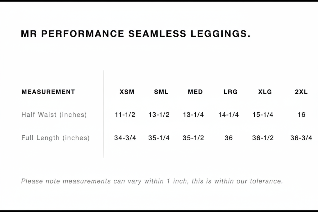 MR Performance Seamless Leggings Size Chart