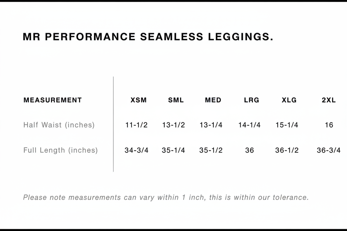 MR Performance Seamless Leggings Size Chart